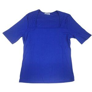 White Birch Womens Ribbed Blue Short Sleeve Top L Polyester Spandex